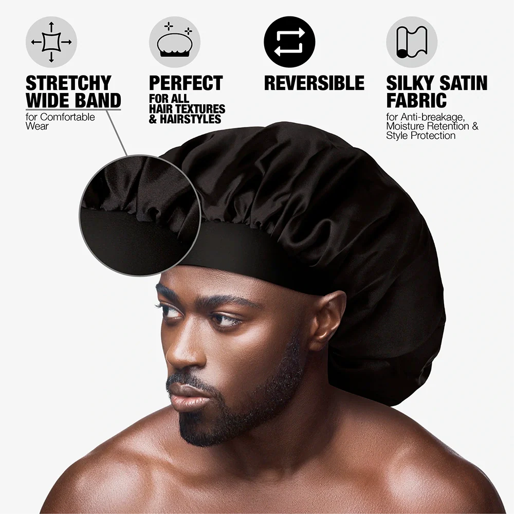 Men's Silky Satin Bonnet – Regular & Braid Size One Size Fits All Black