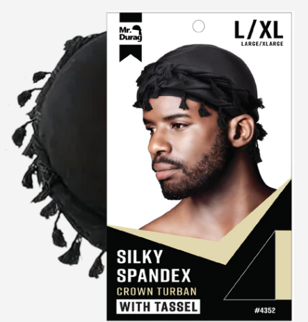 Mr. Durag Silky Spandex Crown Turban with Tassel L/XL, 1 Count Men's Halo Turban, Black