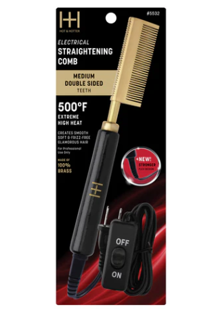 Hot & Hotter Electric Straightening Comb Medium Double Sided Teeth, 1 Count, Black & Gold