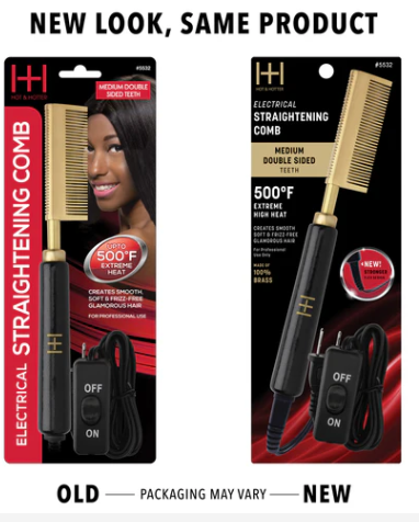 Hot & Hotter Electric Straightening Comb Medium Double Sided Teeth, 1 Count, Black & Gold