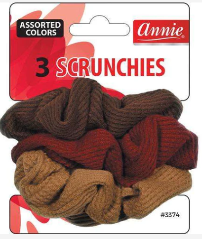 Annie Scrunchies, 3 Count Elastic Fabric Hair Band, Assorted brown