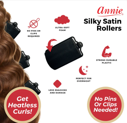 Annie Silky Satin Hair Rollers Jumbo, 6 Count, Black