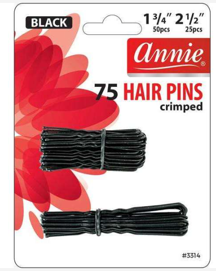 Annie Hair Pins Crimped Combo Set, 75 Count 1 3/4 Inch & 2 1/2 Inch, Black