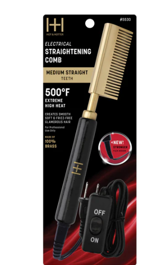 Hot & Hotter Electric Straightening Comb Medium Straight Teeth, 1 Count, Black & Gold