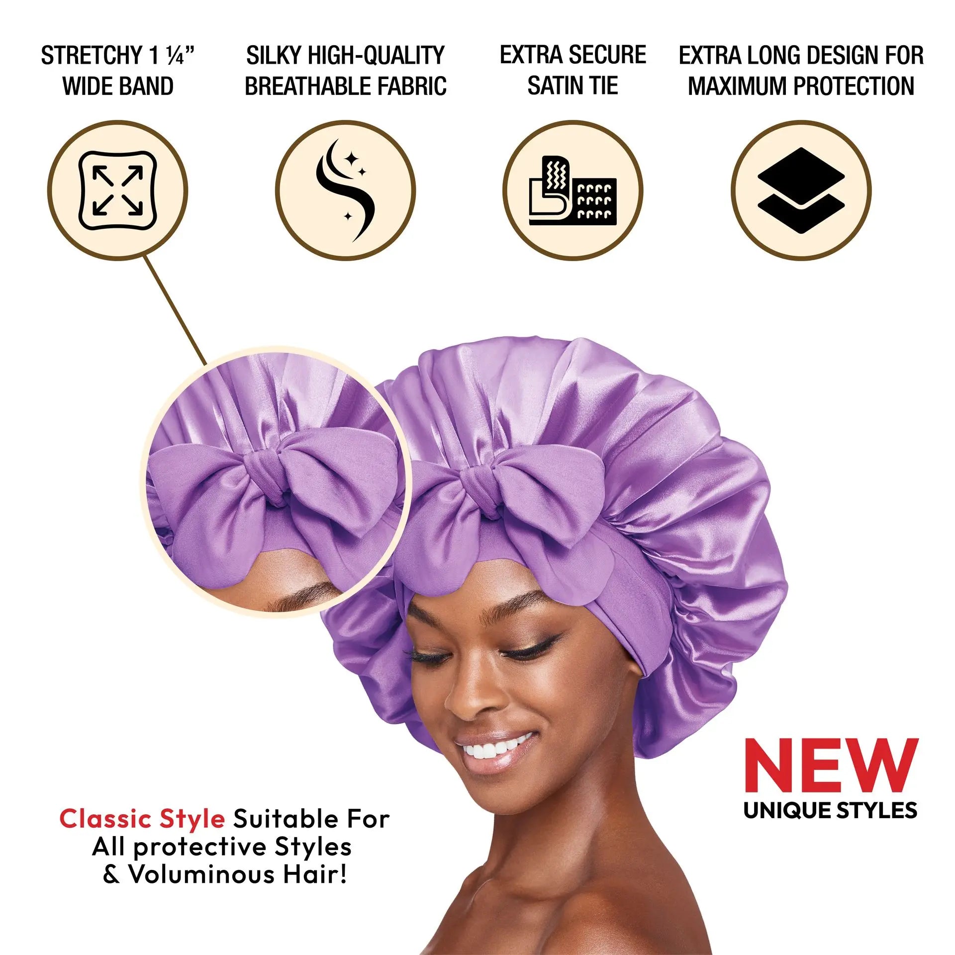 Adjustable Satin Bonnet with Tie Band – Extra Large Silky Cap for Braids, Locs & Curls XL LAVENDER