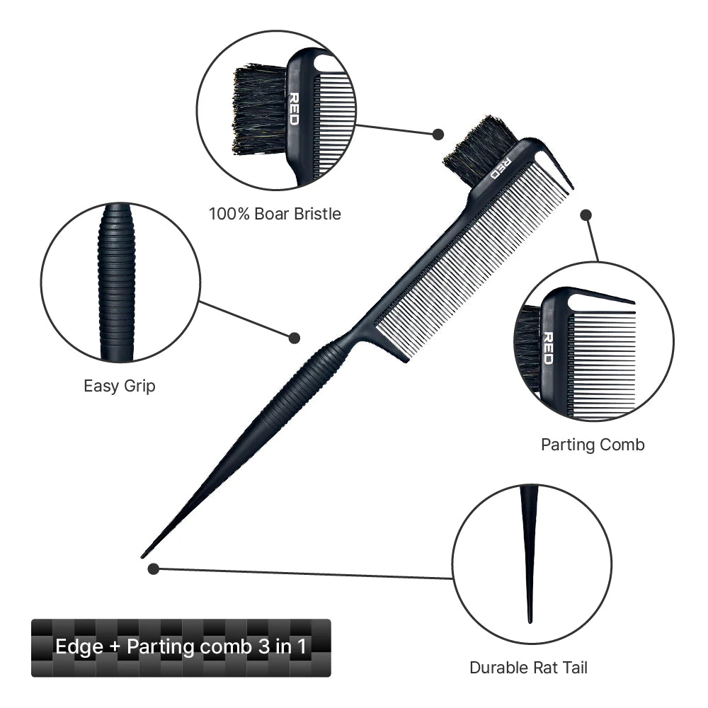 100% Boar Bristle 3-in-1 Edge & Parting Comb Edge Brush + Parting Comb + Precision Tail