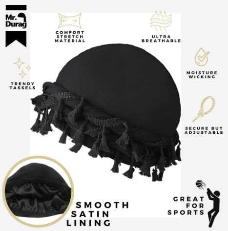 Mr. Durag Silky Spandex Crown Turban with Tassel L/XL, 1 Count Men's Halo Turban, Black