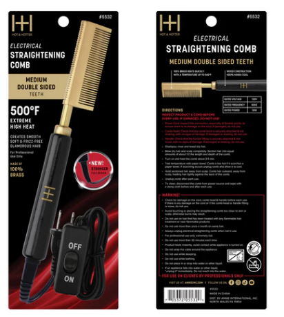 Hot & Hotter Electric Straightening Comb Medium Double Sided Teeth, 1 Count, Black & Gold