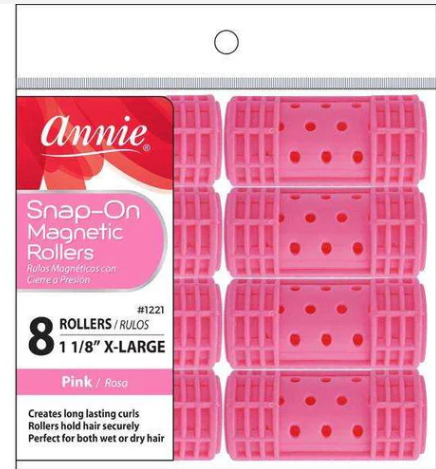 Annie Snap-On Magnetic Hair Rollers 1 1/8 Inch X-Large, 8 Count, Pink