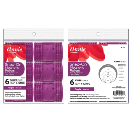Annie Snap-On Magnetic Hair Rollers 1 3/4 Inch X-Jumbo, 6 Count, Purple