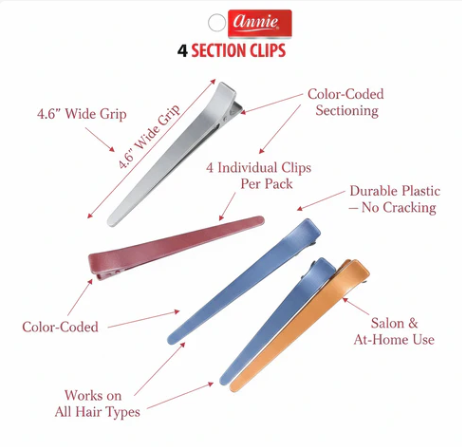 Annie Hair Section Clips 4.6 Inch, 4 Count, Assorted Color