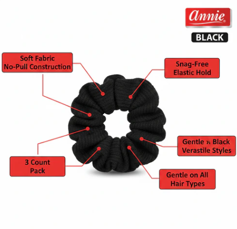 Annie Elastic Fabric Hair Scrunchies, 3 Count, Black