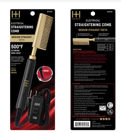 Hot & Hotter Electric Straightening Comb Medium Straight Teeth, 1 Count, Black & Gold