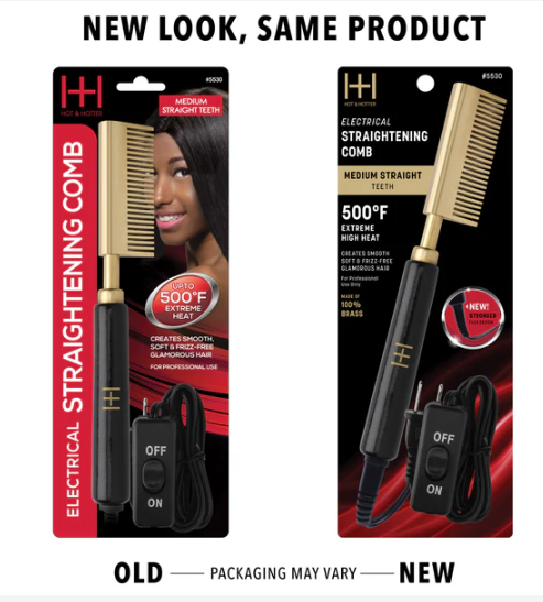 Hot & Hotter Electric Straightening Comb Medium Straight Teeth, 1 Count, Black & Gold