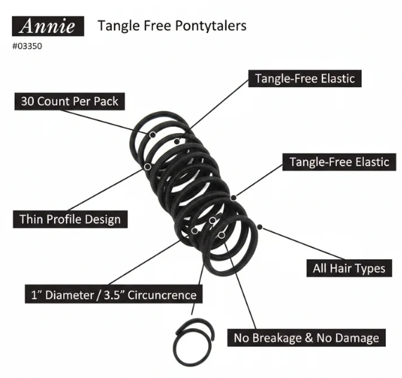 Annie Tangle Free Ponytailers 3 1/2 Inch, 30 Count, Black