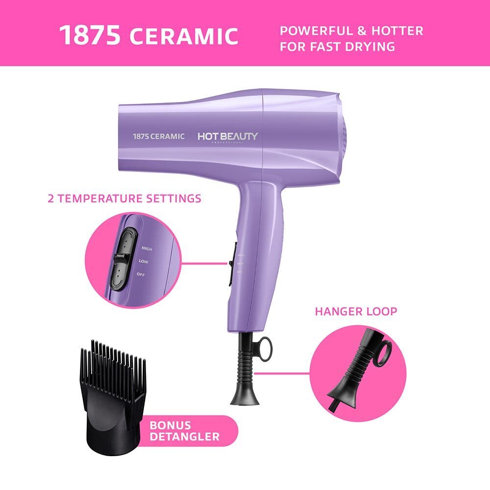 1875 Ceramic Hair Dryer Fast Drying & Multi-Setting Includes Comb & Detangler Purple