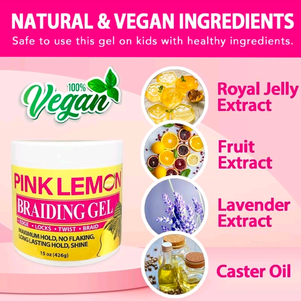 Pink Lemon Braiding Gel 10oz Maximum Hold No Flaking High Shine All Hair Types