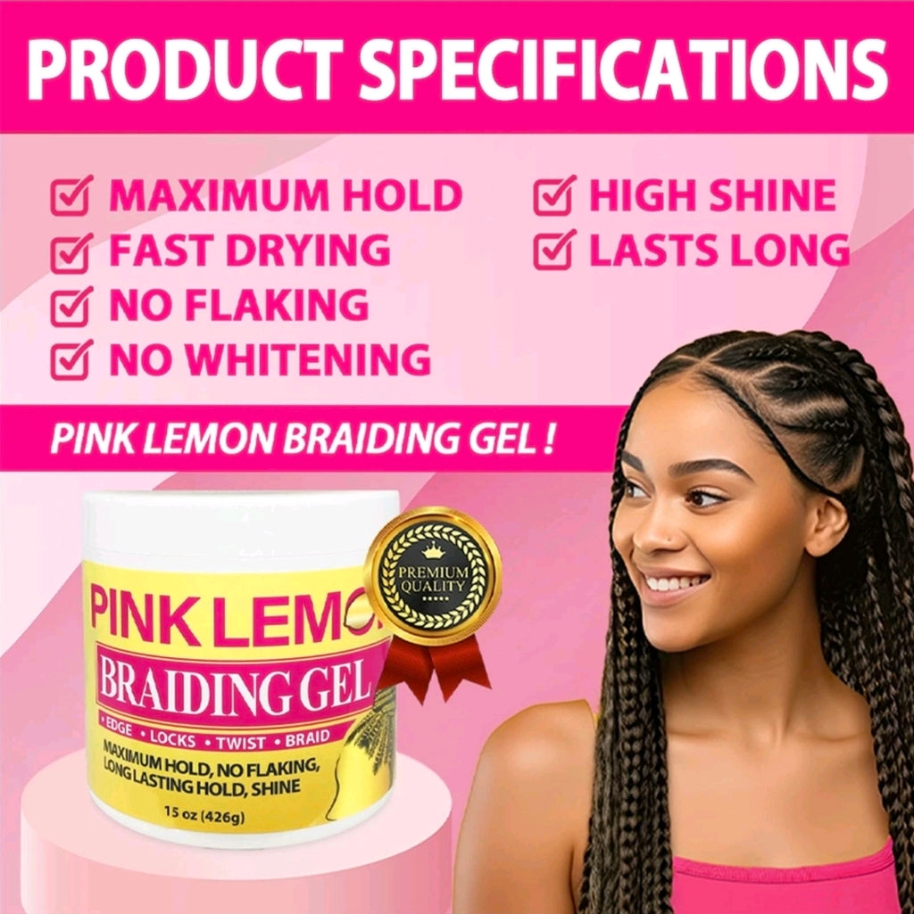 Pink Lemon Braiding Gel 10oz Maximum Hold No Flaking High Shine All Hair Types