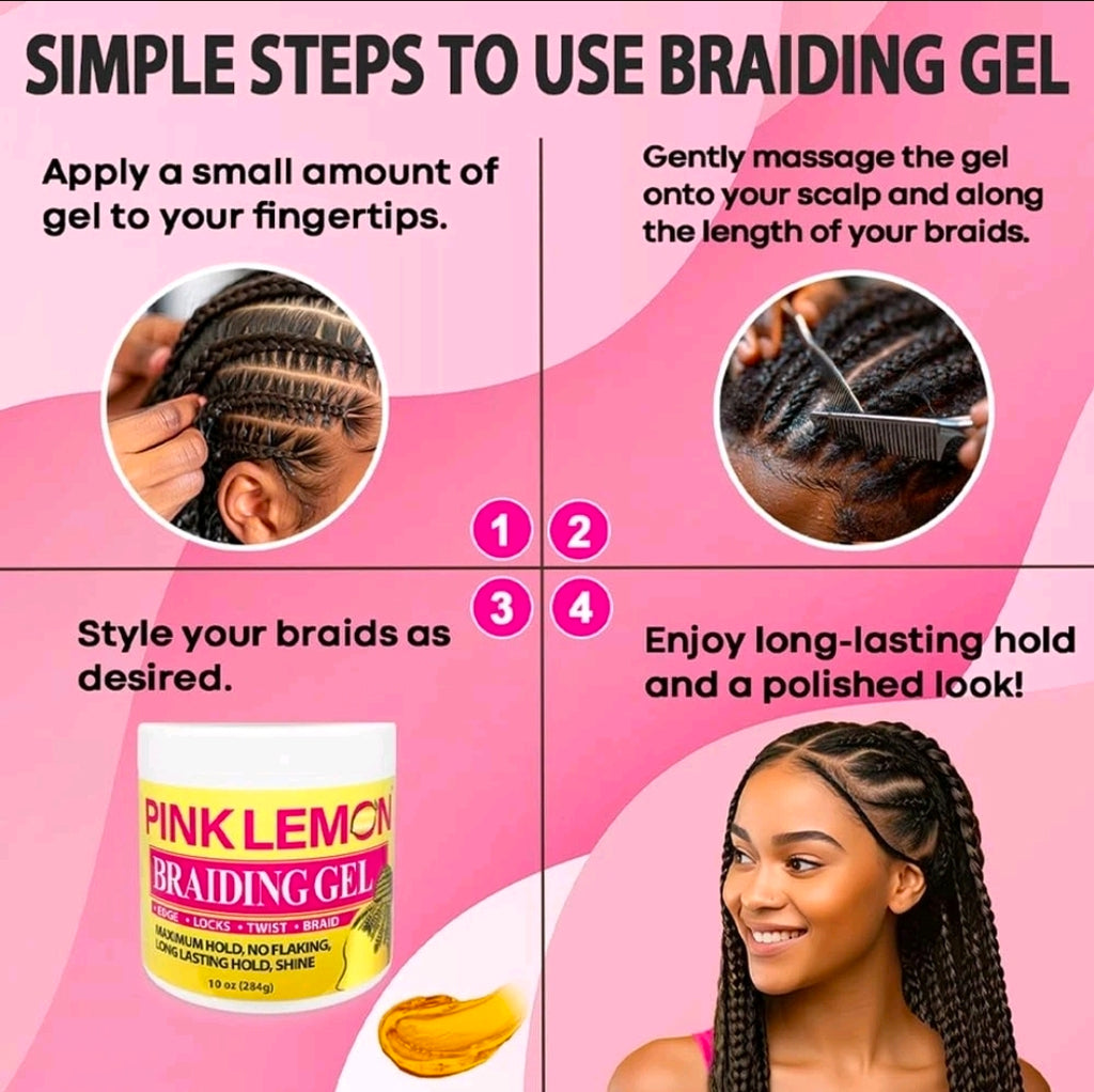 Pink Lemon Braiding Gel 10oz Maximum Hold No Flaking High Shine All Hair Types